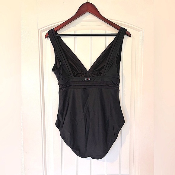 Tommy Hilfiger Black V Neck Swimsuit with Sheer Stripe Size 10 - Picture 2 of 8